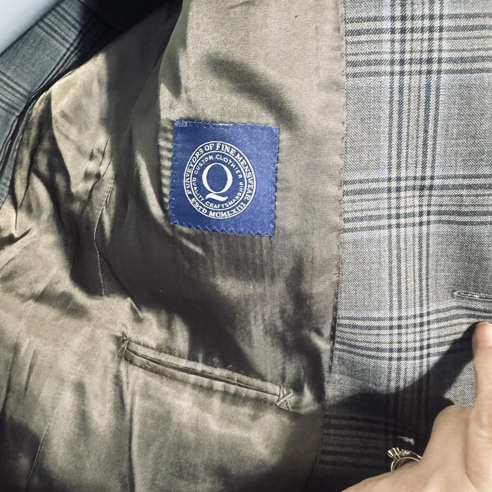 Q Clothiers Bespoke Jacket Grey Plaid 100% Wool Blazer Mens Sportcoat 40R